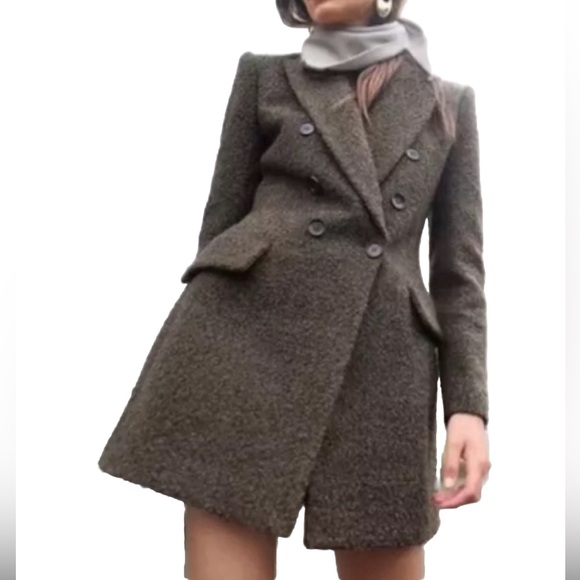 ZARA LONG BOUCLE DOUBLE BREASTED BLAZER WOOL BLEND KHAKI GREEN